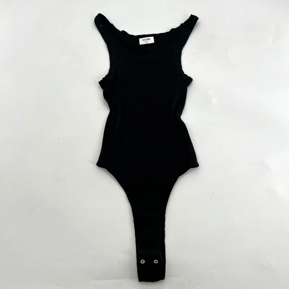 RE/DONE Black Ribbed Knit Tank Bodysuit Scoop Neck Size S 1124-8WRTKB USA Made - Picture 2 of 5